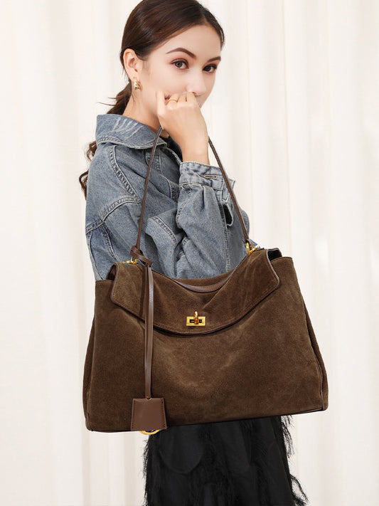 Genuine Leather Frosted Suede Tote Bag for Women – Structured Crossbody Shoulder Handbag