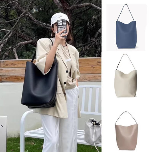 Women's Genuine Leather Bucket Shoulder Bag – Large Capacity Multi-Pocket Tote
