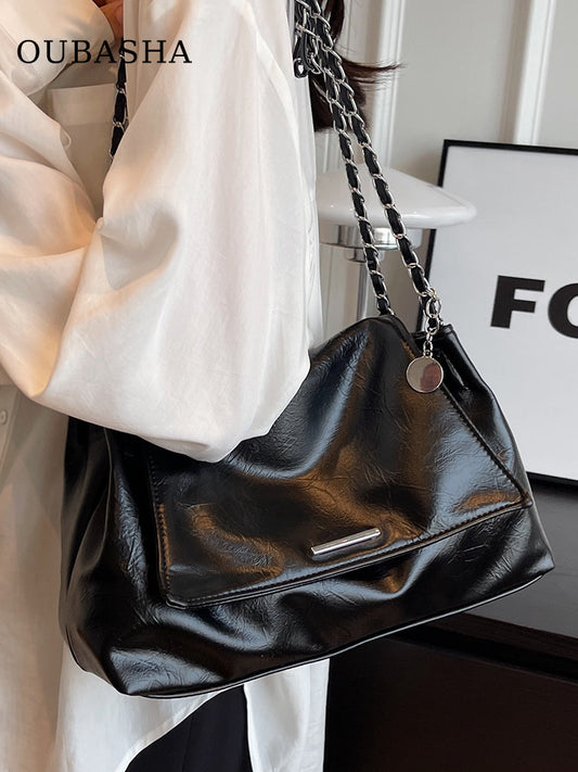 Large Capacity Tote Bag with Chain Strap – Faux Leather Shoulder Handbag
