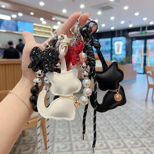 Cute Leather Cat Pearl Bowknot Keychain | Bag Charm Kit for Women