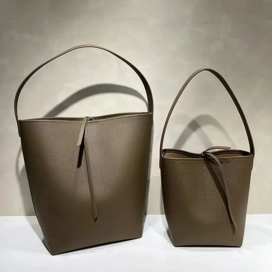 Women's Genuine Cowhide Lychee Pattern Bucket Bag | Large Capacity Soft Leather Shoulder Handbag