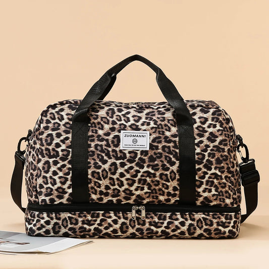 Leopard Print Nylon Travel & Gym Bag with Shoe Compartment | Large Capacity Weekend Overnight Duffel