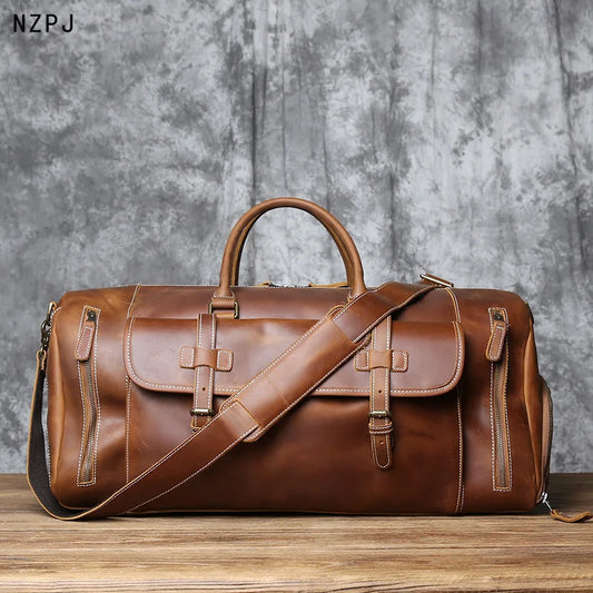 Large Capacity Vintage Crazy Horse Cowhide Leather Travel Duffel Bag for Men | Crossbody Handbag