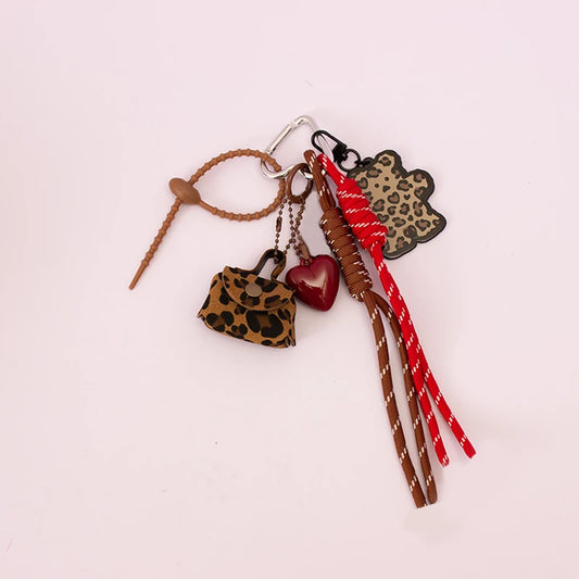 Leather Leopard Print Bear Heart Pouch | Keychain Bag Charm Accessory