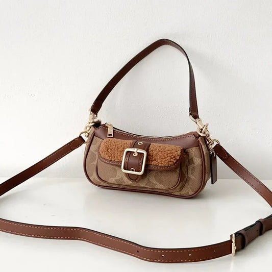 Women's Genuine Leather Patchwork Shell Bucket Bag | Casual Fur Ruched Clutch Shoulder Crossbody Handbag