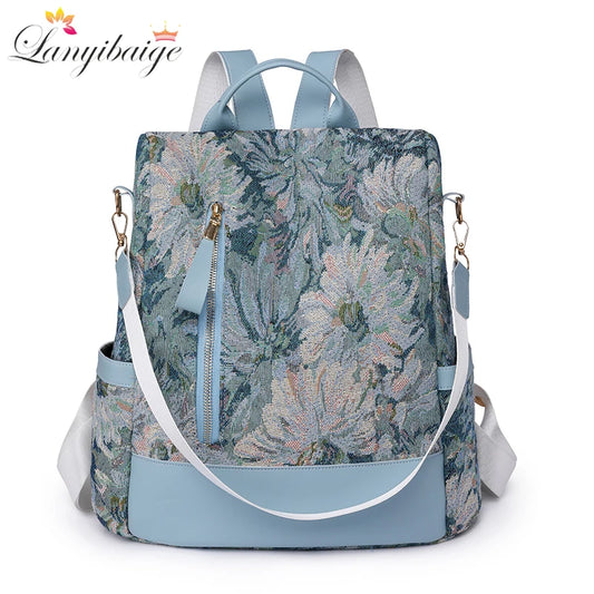 Women's Nylon Floral Embroidery Backpack | Large Capacity Travel & School Casual Bag
