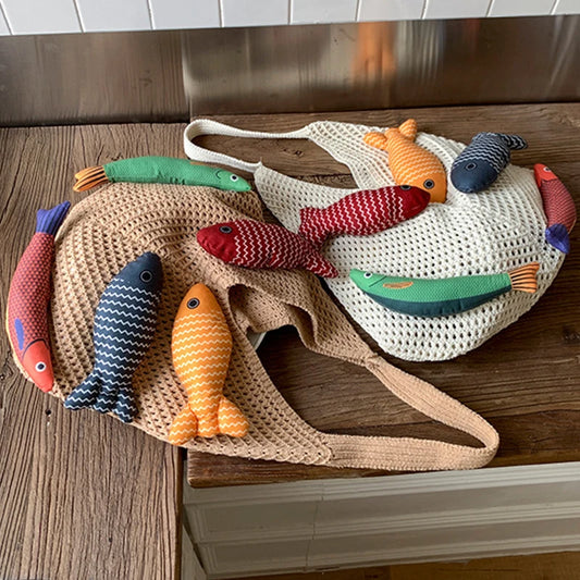 Fish Design Knitted Woven Shoulder Bag | Winter Hobo Travel Handbag