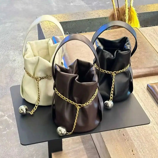 Women's Genuine Leather Chain Bucket Bag | Soft Cowhide Hobo Tote Handbag for Daily & Travel