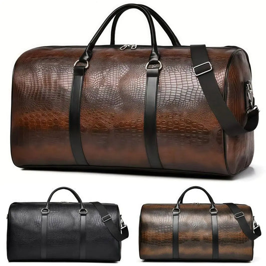 Crocodile Textured PU Leather Travel Duffel Bag | Large Capacity Retro Business Trip Handbag for Men & Women