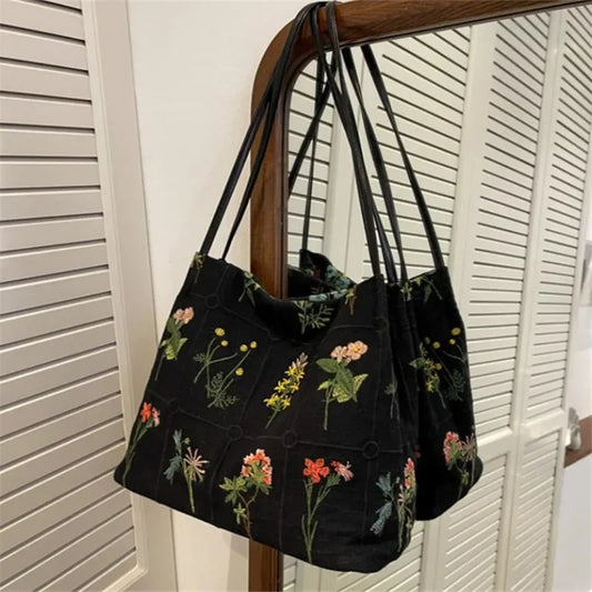 Embroidered Canvas Tote Bag for Women | Large Capacity Bucket Shoulder Bag
