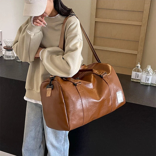 PU Leather Gym Bag Women'S Travel Totes Duffle Sports Fitness Casual Luggage Handbag Shoes Pocket Shoulder Weekend Outdoor Bag