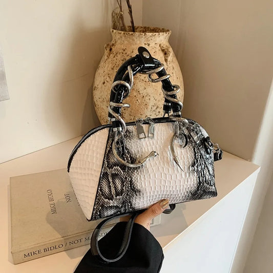 Women's PU Stone Pattern Shell Bag | Snake Hardware Large Capacity Crossbody Top Handle Shoulder Handbag