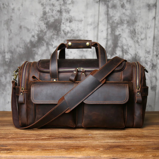 Men's Genuine Cowhide Leather Travel Bag | Vintage Crazy Horse Leather Crossbody Duffle Handbag