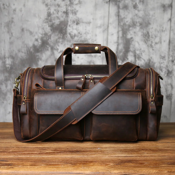 Men's Genuine Cowhide Leather Travel Bag | Vintage Crazy Horse Leather Crossbody Duffle Handbag