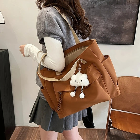 Women's Japanese Style Plush Pendant Tote Bag | Large Capacity Multi-Compartment Zipper Casual Shoulder Bag