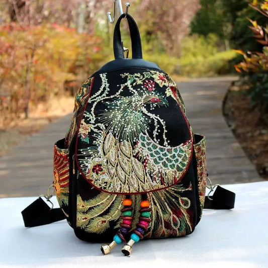 Female Travel Shoulder Rucksack Retro Design Canvas Backpack Women Large Capacity Ethnic Backpack Handmade Embroidered Knapsack