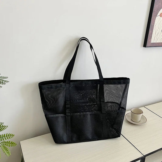 Oversized Mesh Tote Bag for Women | Multi-Pocket Beach Shopper Handbag