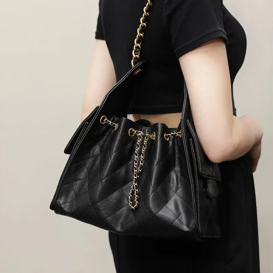 Women's Genuine Leather Drawstring Bucket Bag | Chain Hobo Shoulder Clutch Handbag