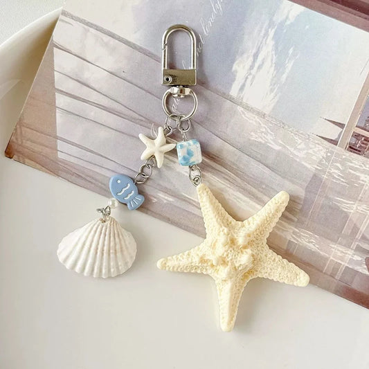 Ocean Shell & Starfish Keychain Pendant | Beach Bag Charm Accessory