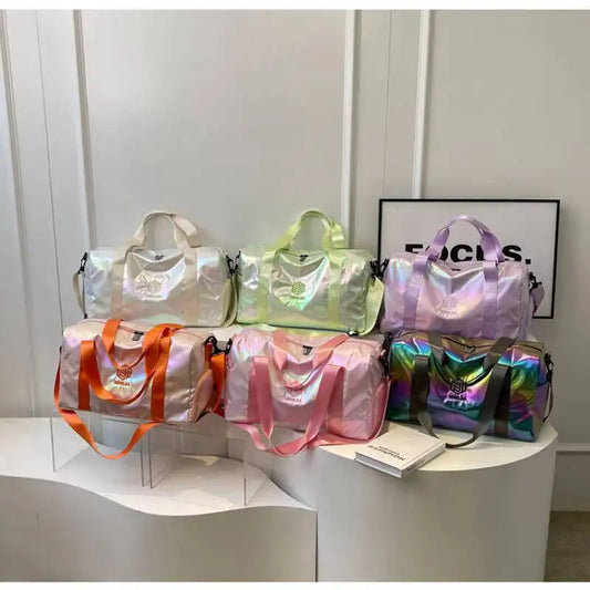 Holographic Pearlescent PVC Gym Duffle Bag | Women's Shimmering Dance Gymnastics Overnight Travel Bag
