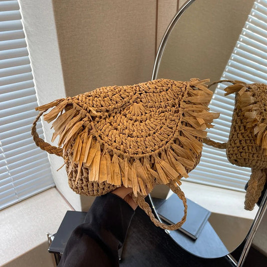 Handmade Straw Tassel Crossbody Bag for Women | Vintage Beach Shoulder Bag