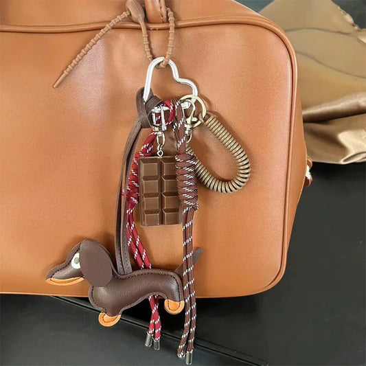 Leather Dachshund Keyring | Braided Rope Bag Charm Pendant