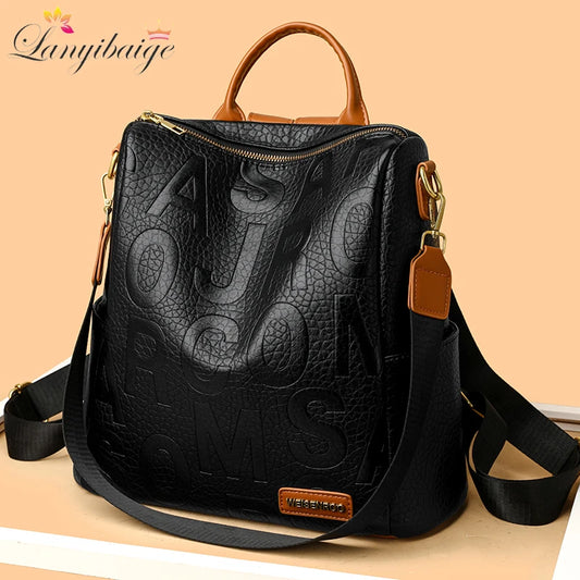 Women's PU Leather Vintage Backpack | Letter Pattern College Travel & School Shoulder Bag