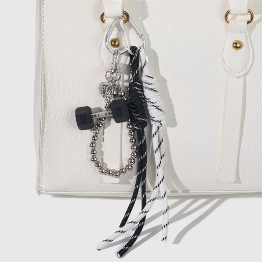 Braided Rope Barbell Pendant Keychain | Silver Beads Bag Decoration