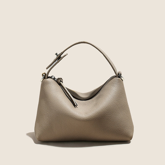 Top-Layer Cowhide Leather Pillow Tote Bag with Zipper & Multi-Pocket Interior