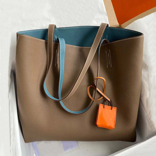 Women's Genuine Leather Tote Bag – Double-Sided Color-Block Design
