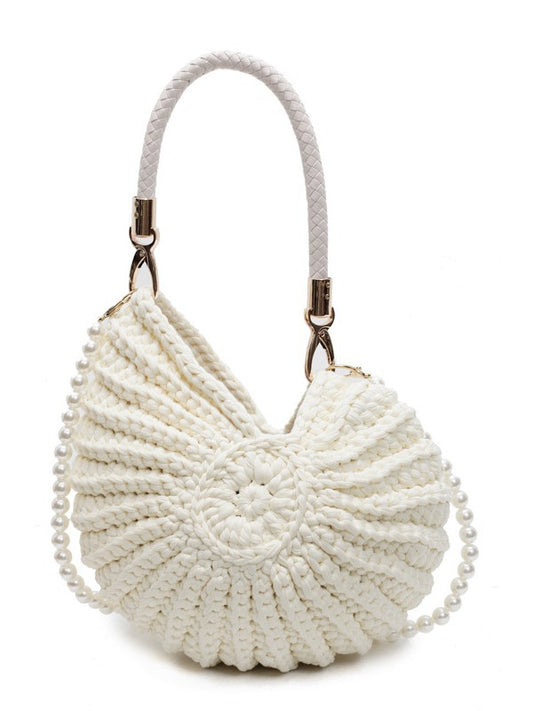 Women's Handwoven Shell Bag – Boho Crossbody Bag with Pearl Chain Strap