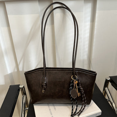 Retro Large Capacity Shoulder Tote Bag for Women – Vintage PU Leather Handbag with Optional Pendant