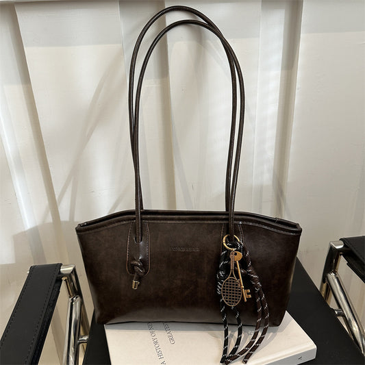Retro Large Capacity Shoulder Tote Bag for Women – Vintage PU Leather Handbag with Optional Pendant