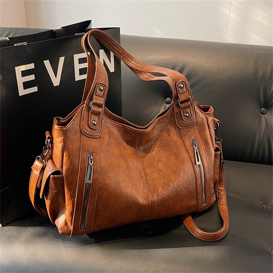 Women's Large PU Tote Bag – Classic Commuter Shoulder Bag with Zipper